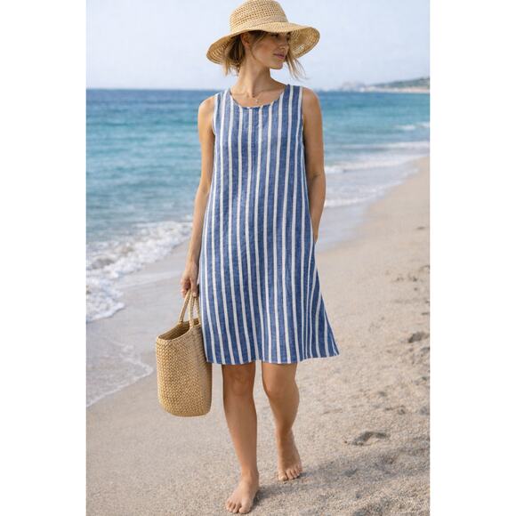 St Tropez West Dresses & Skirts - St. Tropez West 100% Linen Blue White Striped Shift Dress Size 8 Coastal Summer